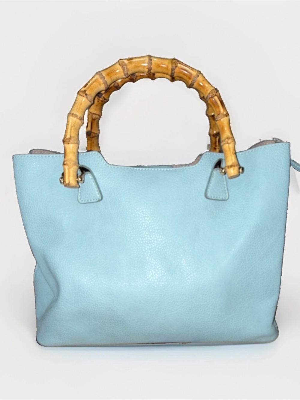 Unbillion Light Blue Leather Tote Bag with Bamboo Handles
